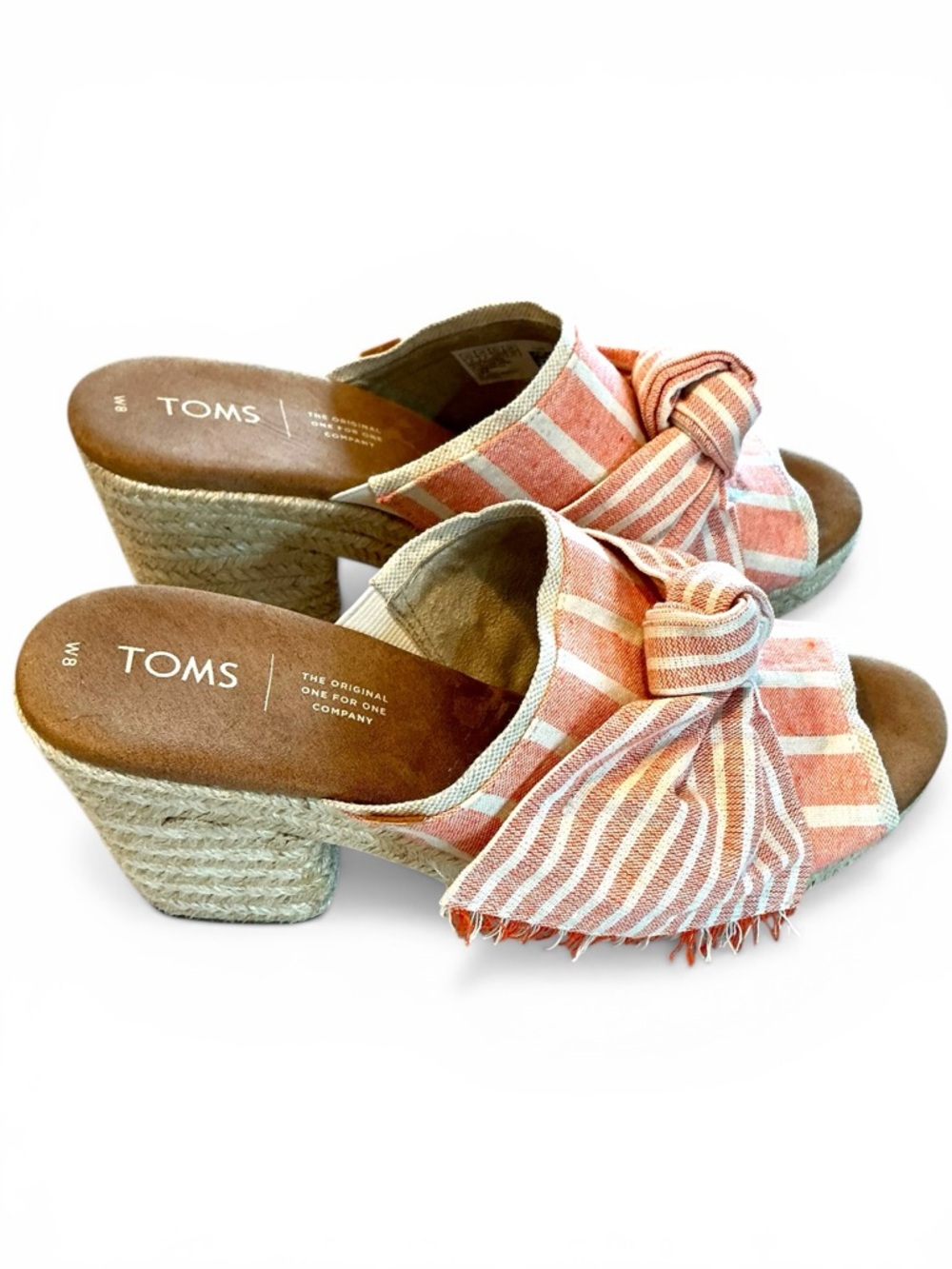 Toms Junie Canvas Espadrille Slide Peep Toe Heel Orange Cabana Stripe Size 8 - Picture 5 of 8